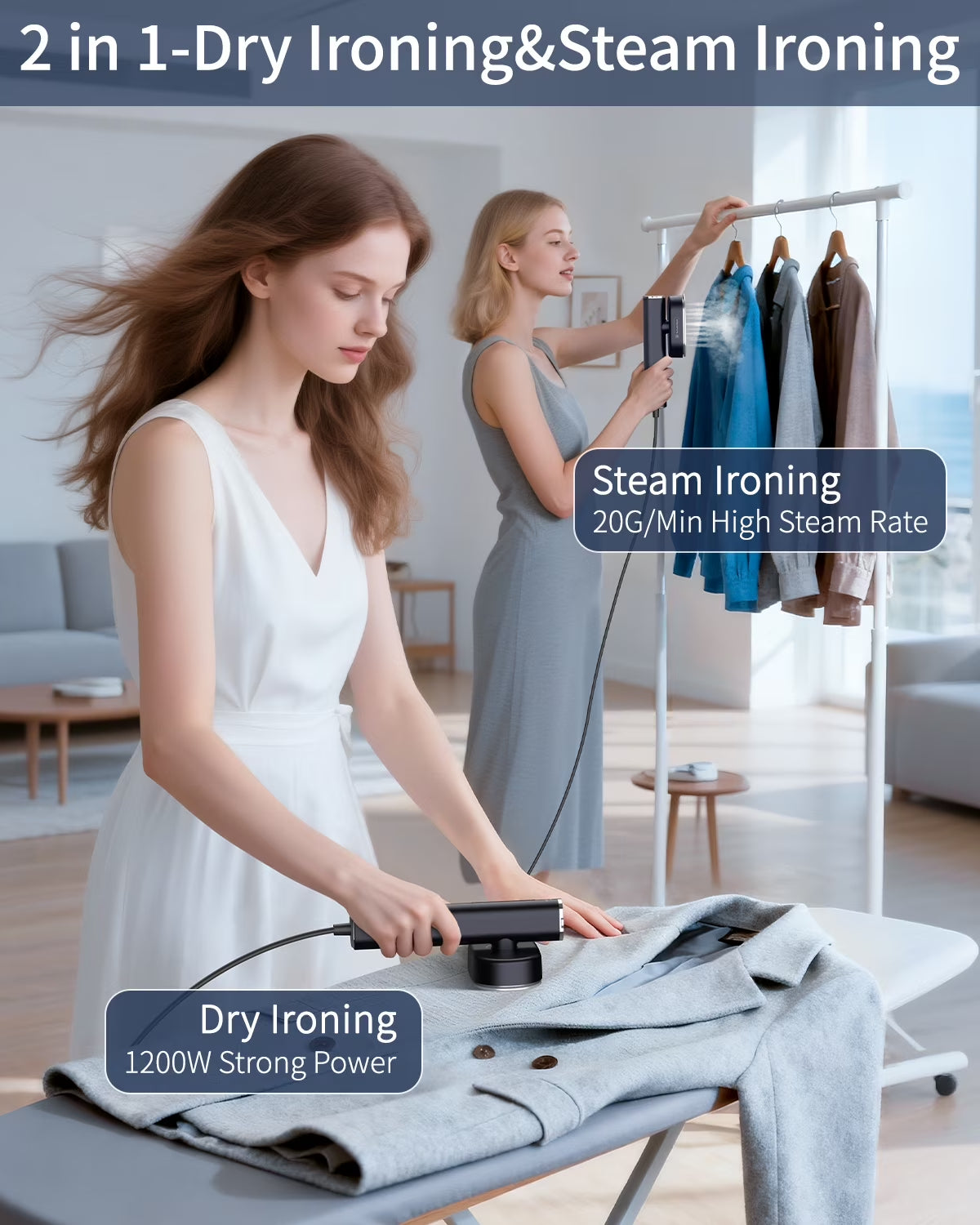 Travel Steamer for Clothes, 1200W Portable Steam & Iron 2 in 1, 15S Heat-Up, Handheld Garment Steamers for Travel Home Office (110-120V)