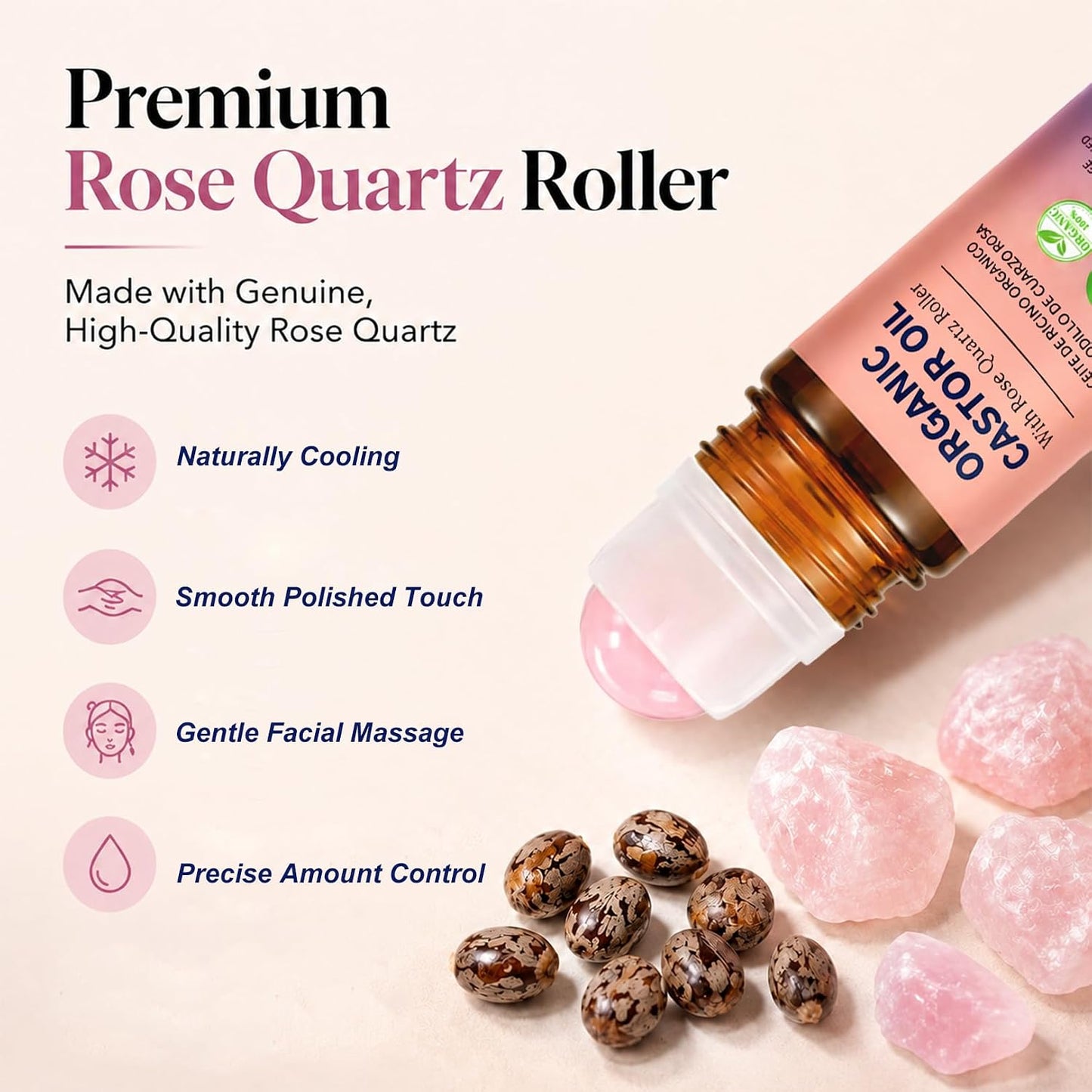 Organic Castor Oil Roll-On with Rose Quartz Roller, 100% Pure Cold-Pressed Castor Oil for Nails, Hair and Skin 1.7 Fl.Oz (50Ml)