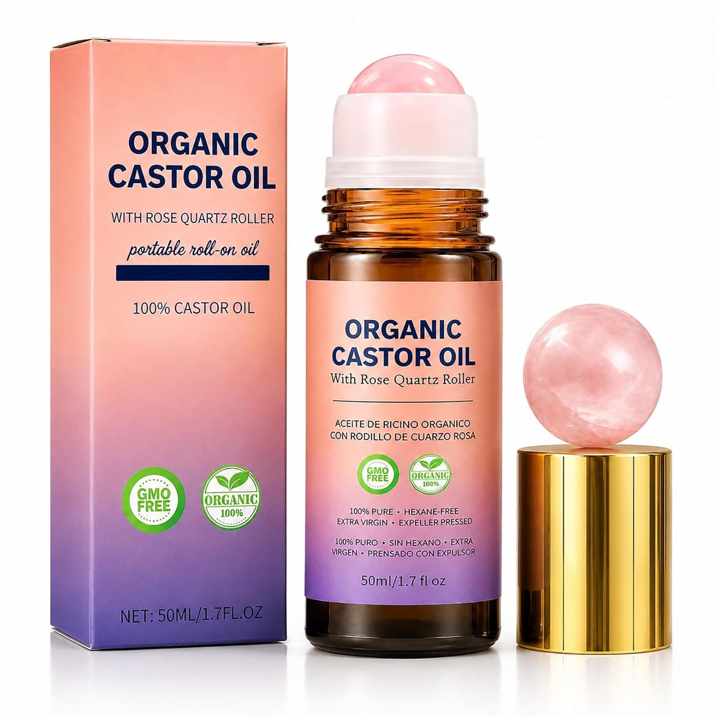 Organic Castor Oil Roll-On with Rose Quartz Roller, 100% Pure Cold-Pressed Castor Oil for Nails, Hair and Skin 1.7 Fl.Oz (50Ml)