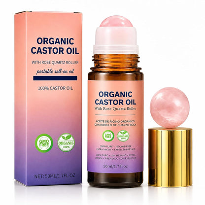 Organic Castor Oil Roll-On with Rose Quartz Roller, 100% Pure Cold-Pressed Castor Oil for Nails, Hair and Skin 1.7 Fl.Oz (50Ml)