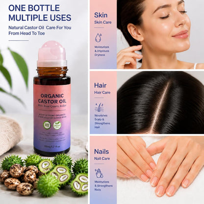 Organic Castor Oil Roll-On with Rose Quartz Roller, 100% Pure Cold-Pressed Castor Oil for Nails, Hair and Skin 1.7 Fl.Oz (50Ml)