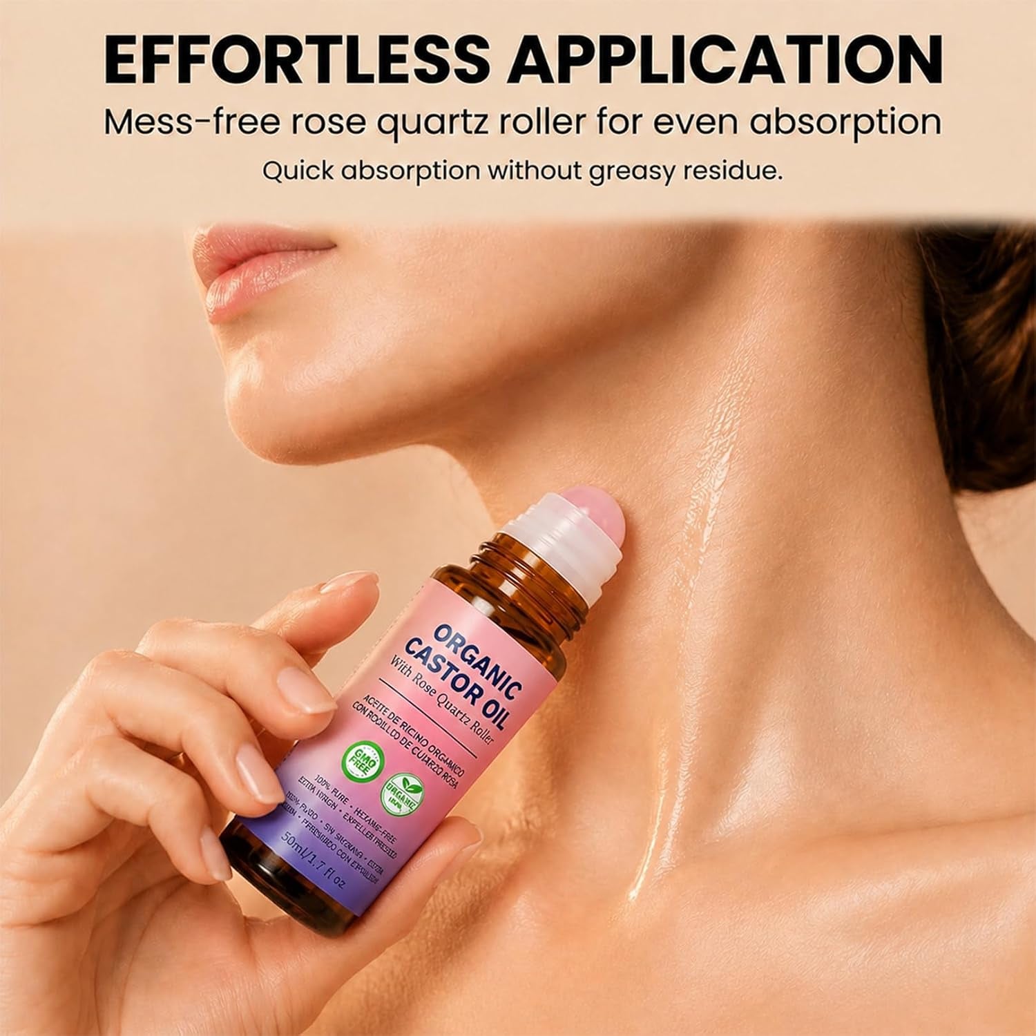 Organic Castor Oil Roll-On with Rose Quartz Roller, 100% Pure Cold-Pressed Castor Oil for Nails, Hair and Skin 1.7 Fl.Oz (50Ml)