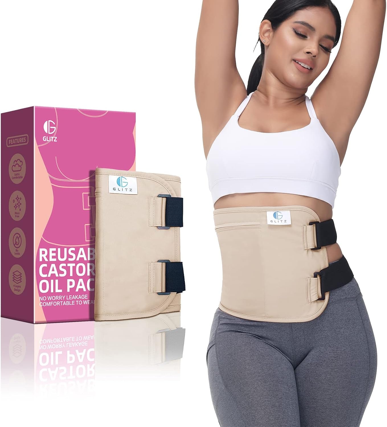 Castor Oil Pack Wrap – Reusable Organic Castor Oil Packs for Liver (Compress), Less Mess, anti Leak Outer Layer, Soft Cotton (Apricot)