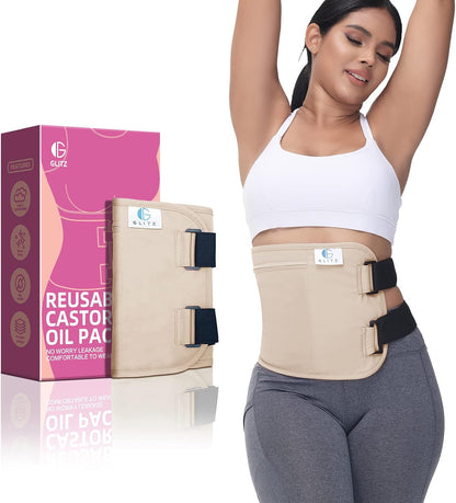 Castor Oil Pack Wrap – Reusable Organic Castor Oil Packs for Liver (Compress), Less Mess, anti Leak Outer Layer, Soft Cotton (Apricot)