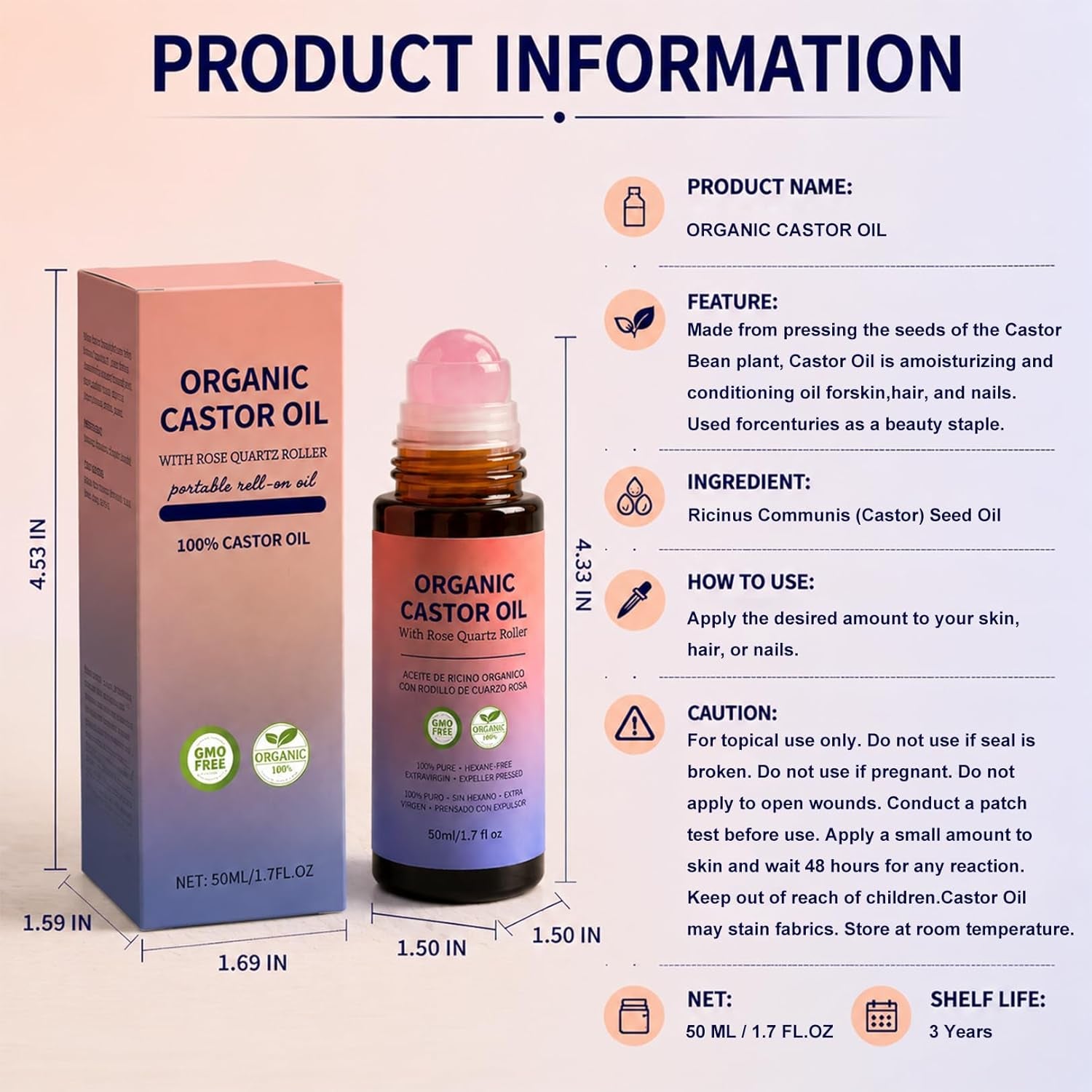 Organic Castor Oil Roll-On with Rose Quartz Roller, 100% Pure Cold-Pressed Castor Oil for Nails, Hair and Skin 1.7 Fl.Oz (50Ml)