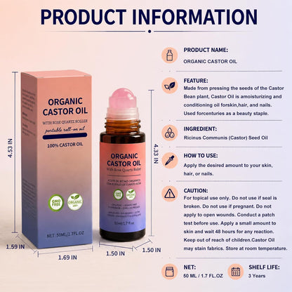 Organic Castor Oil Roll-On with Rose Quartz Roller, 100% Pure Cold-Pressed Castor Oil for Nails, Hair and Skin 1.7 Fl.Oz (50Ml)
